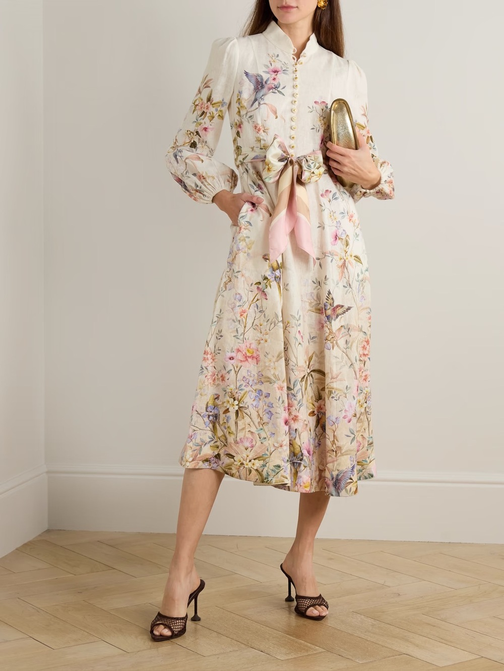 NWOT Zimmermann Floral Print Midi Linen Dress with Tie Waist, Size AU 0/1/2/3